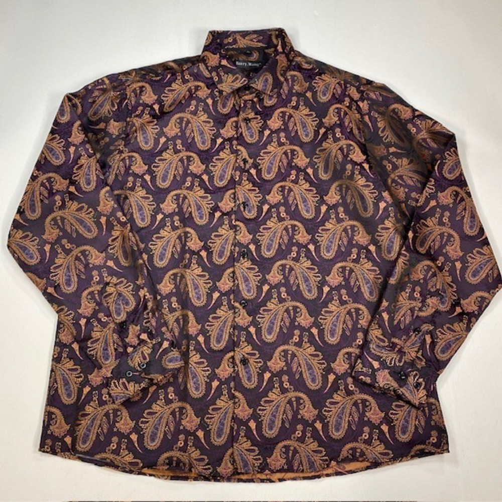 Barry Wang Mens XL Purple Gold Paisley Silk Jacquard Long Sleeve Button Up Shirt